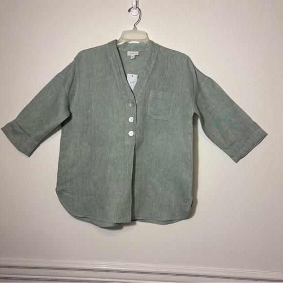 NWT J.Jill Pure Jill 100% Linen 3 Button Front Tunic Blouse Sage Green Sz MP - Picture 4 of 14